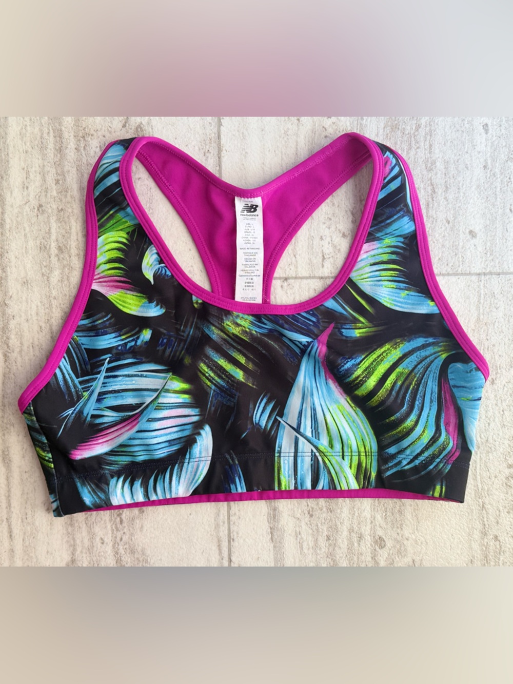 New Balance Tropical Print Sports Bra Large Pink Racerback Athletic Workout Bra